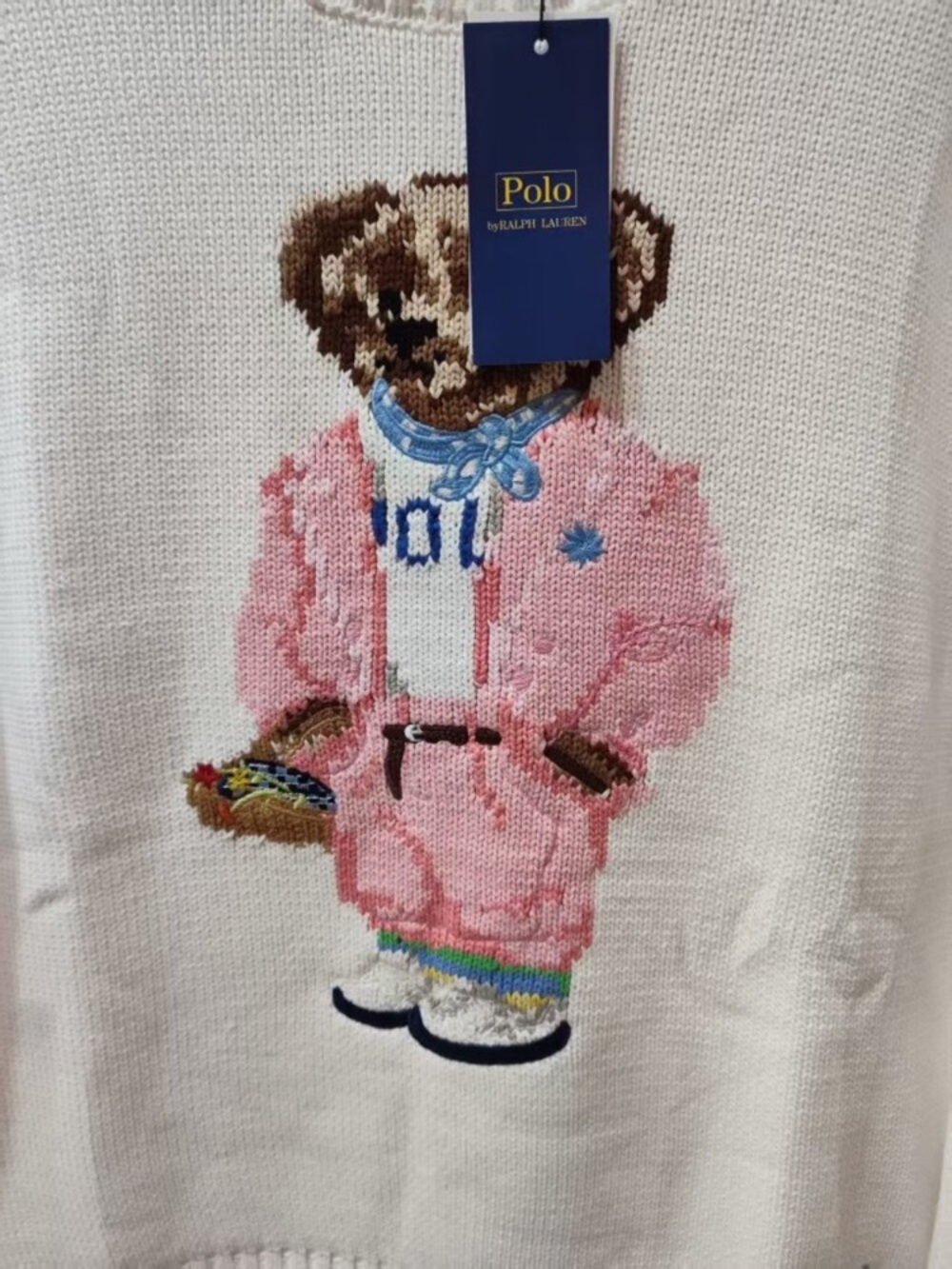 Polo by Ralph Lauren Cream Sweater with Pink Bear Intarsia - Picture 5 of 6